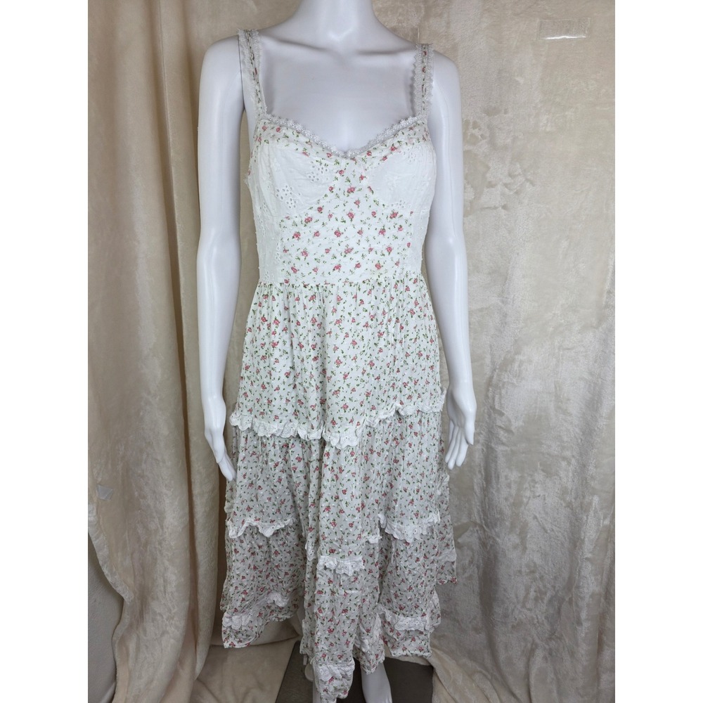 Cottage Core Altar'd State Ivory Red Floral Swiss Dot Lace Tiered Midi Dress